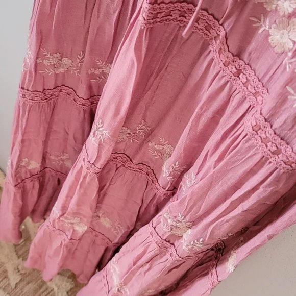 Ladies Pink Floral Embroidered Tiered Maxi Dress - FINAL CLEARANCE - Picture 9 of 12